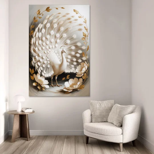 Elegant Peacock in White and Gold - Canvas Wall Art - Sofa - 40x60