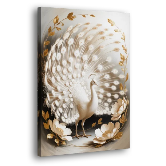 Elegant Peacock in White and Gold - Canvas Wall Art - Side