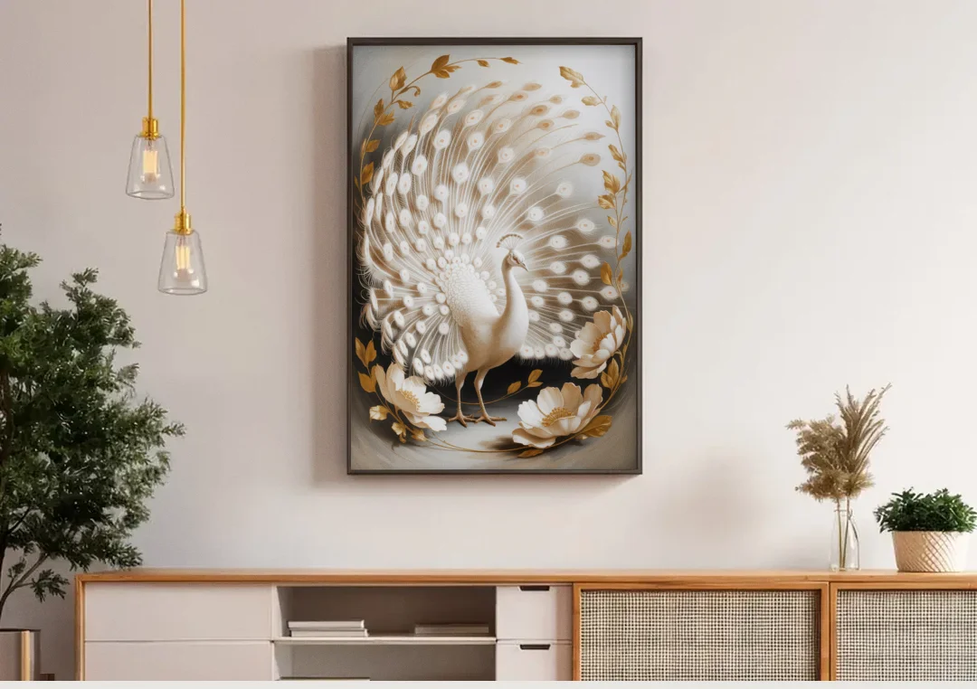 Elegant Peacock in White and Gold canvas wall art above a wooden sideboard under pendant lights