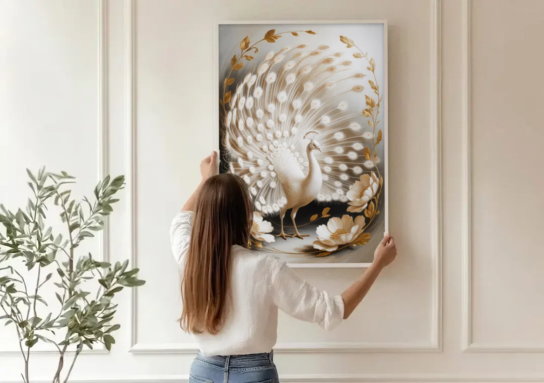 Elegant Peacock in White and Gold canvas wall art being hung on a paneled wall