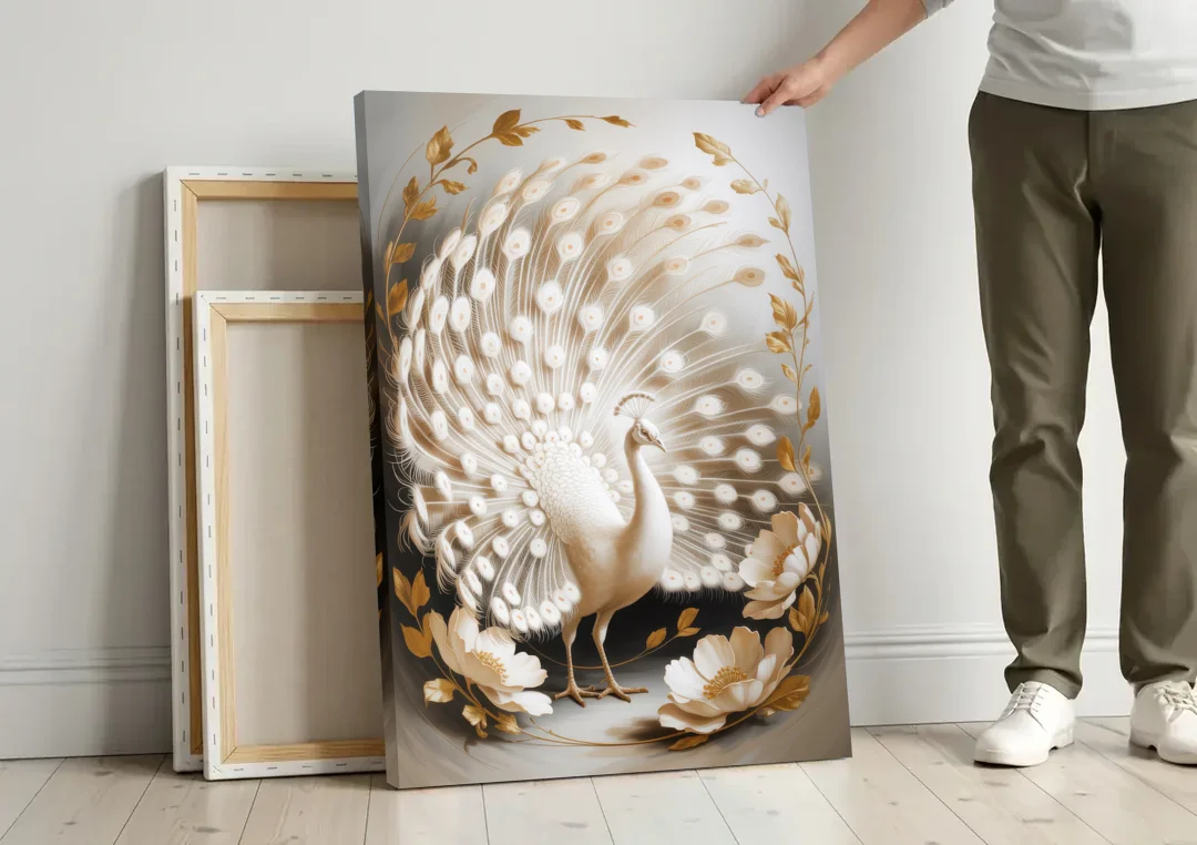 Elegant Peacock in White and Gold canvas wall art leaning against a wall next to blank canvases