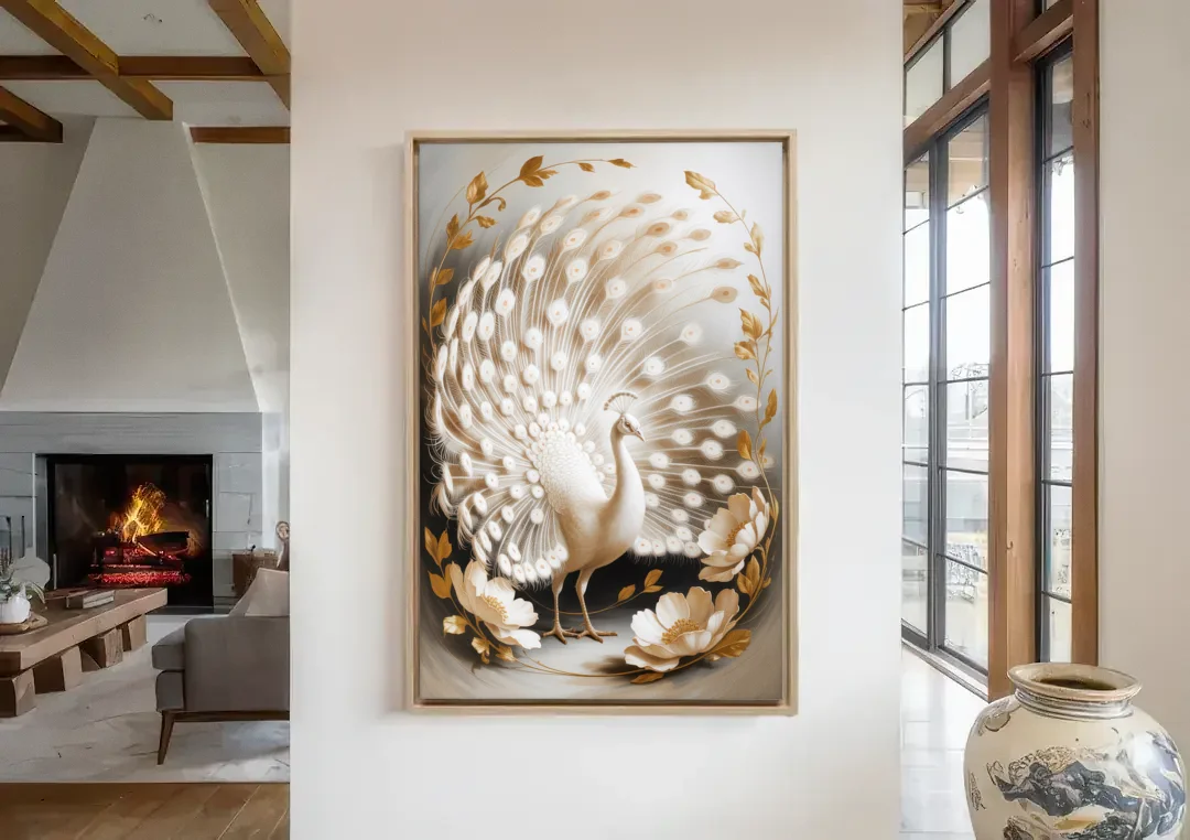 Elegant Peacock in White and Gold canvas wall art in a living room with a fireplace