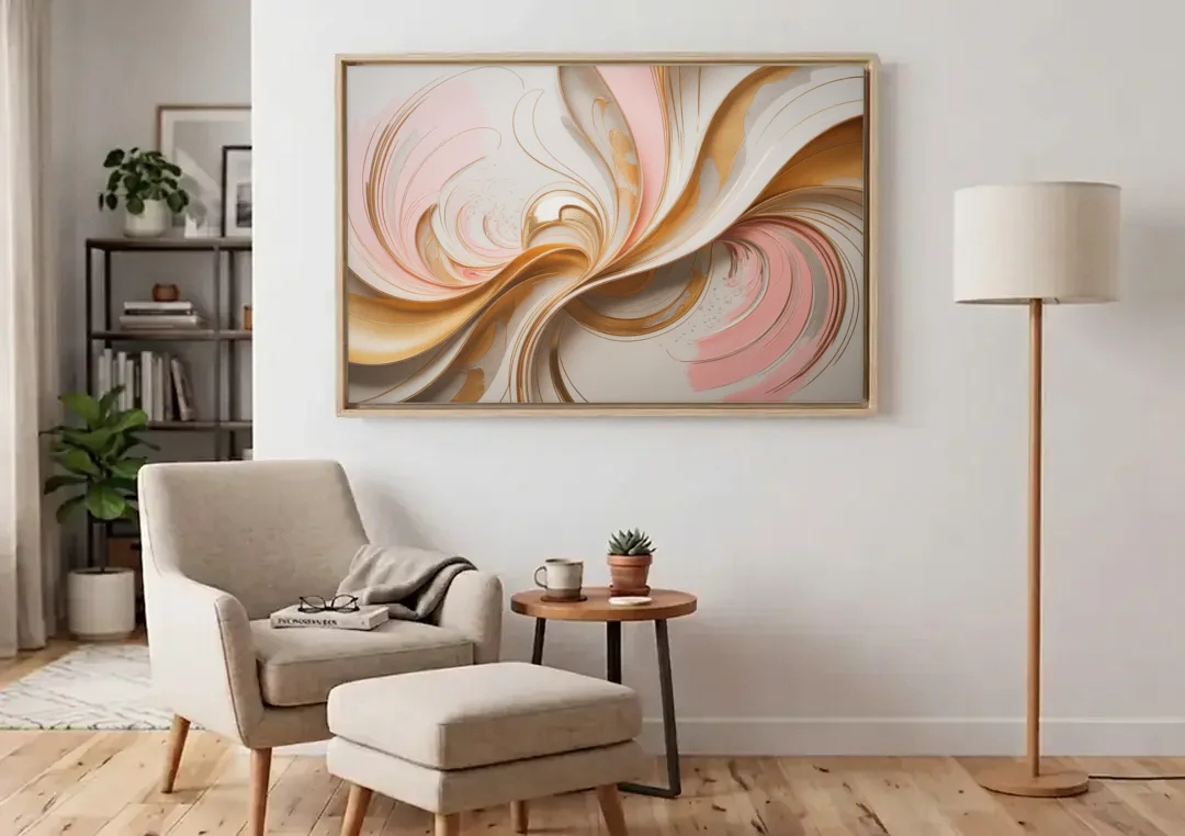 Elegant Radiance Pink and Gold Abstract canvas wall art above an armchair in a bright living room