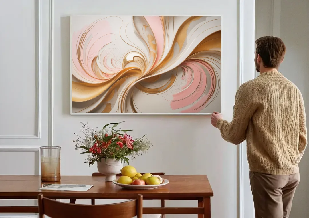 Elegant Radiance Pink and Gold Abstract canvas wall art above a dining table