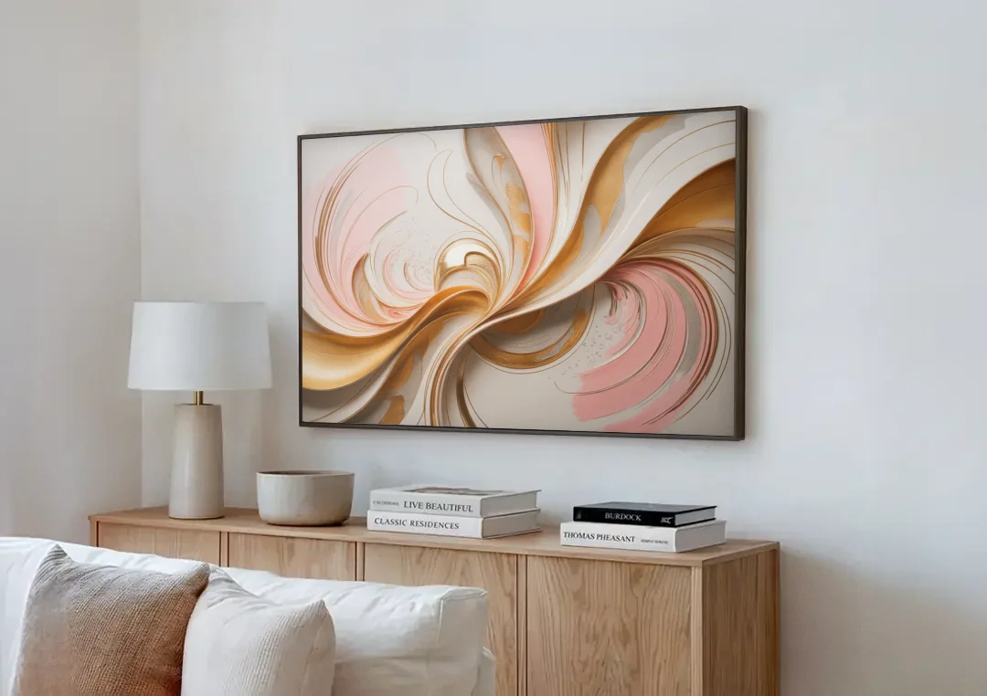 Elegant Radiance Pink and Gold Abstract canvas wall art above a wooden sideboard next to a sofa