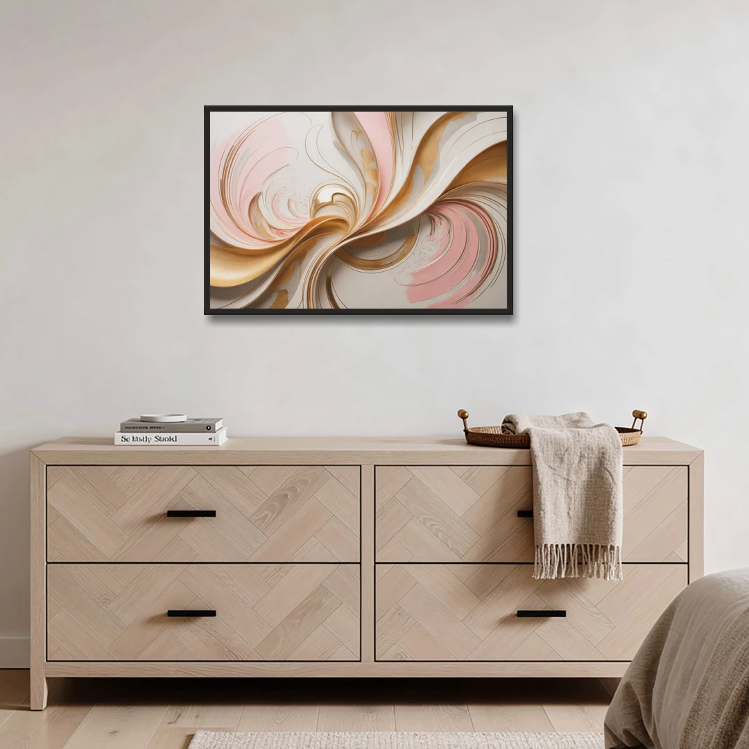 Elegant Radiance Pink and Gold Abstract - Black Framed Canvas Wall Art - Coffee Table - 36x24