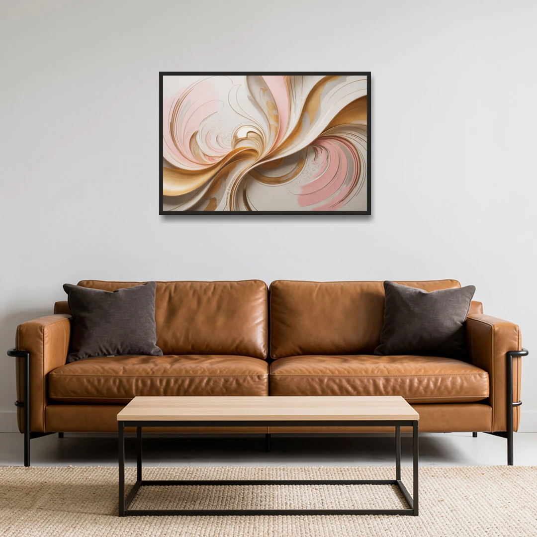 Elegant Radiance Pink and Gold Abstract - Black Framed Canvas Wall Art - Sofa - 36x24