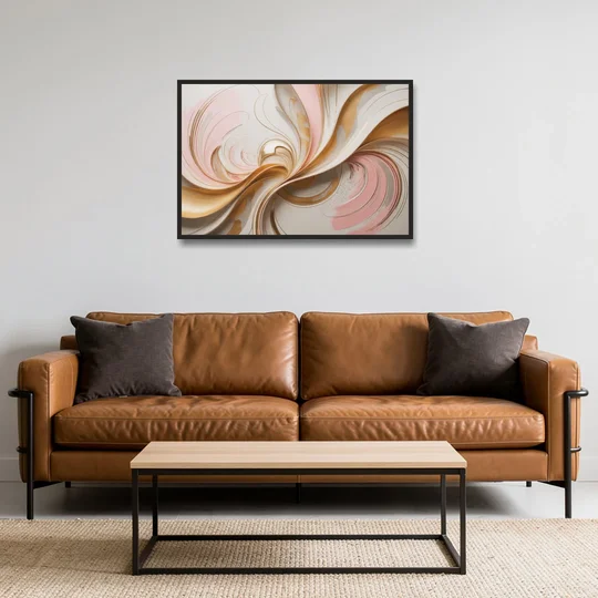 Elegant Radiance Pink and Gold Abstract - Black Framed Canvas Wall Art - Sofa - 36x24