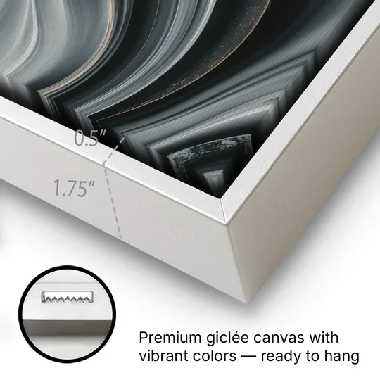 Elegant Ripples Black and Grey Abstract - White Framed Canvas Wall Art - Gallery Wrap Corner