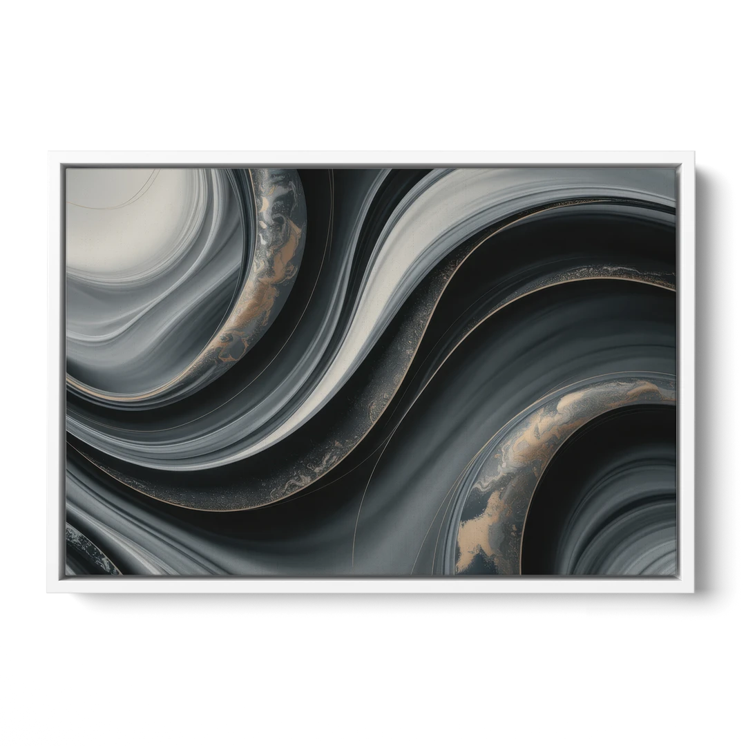 Elegant Ripples Black and Grey Abstract - White Framed Canvas Wall Art - Front