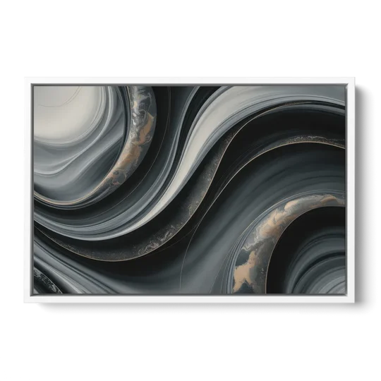 Elegant Ripples Black and Grey Abstract - White Framed Canvas Wall Art - Front