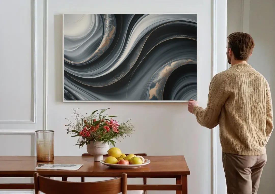 Elegant Ripples Black and Grey Abstract canvas wall art above a dining table