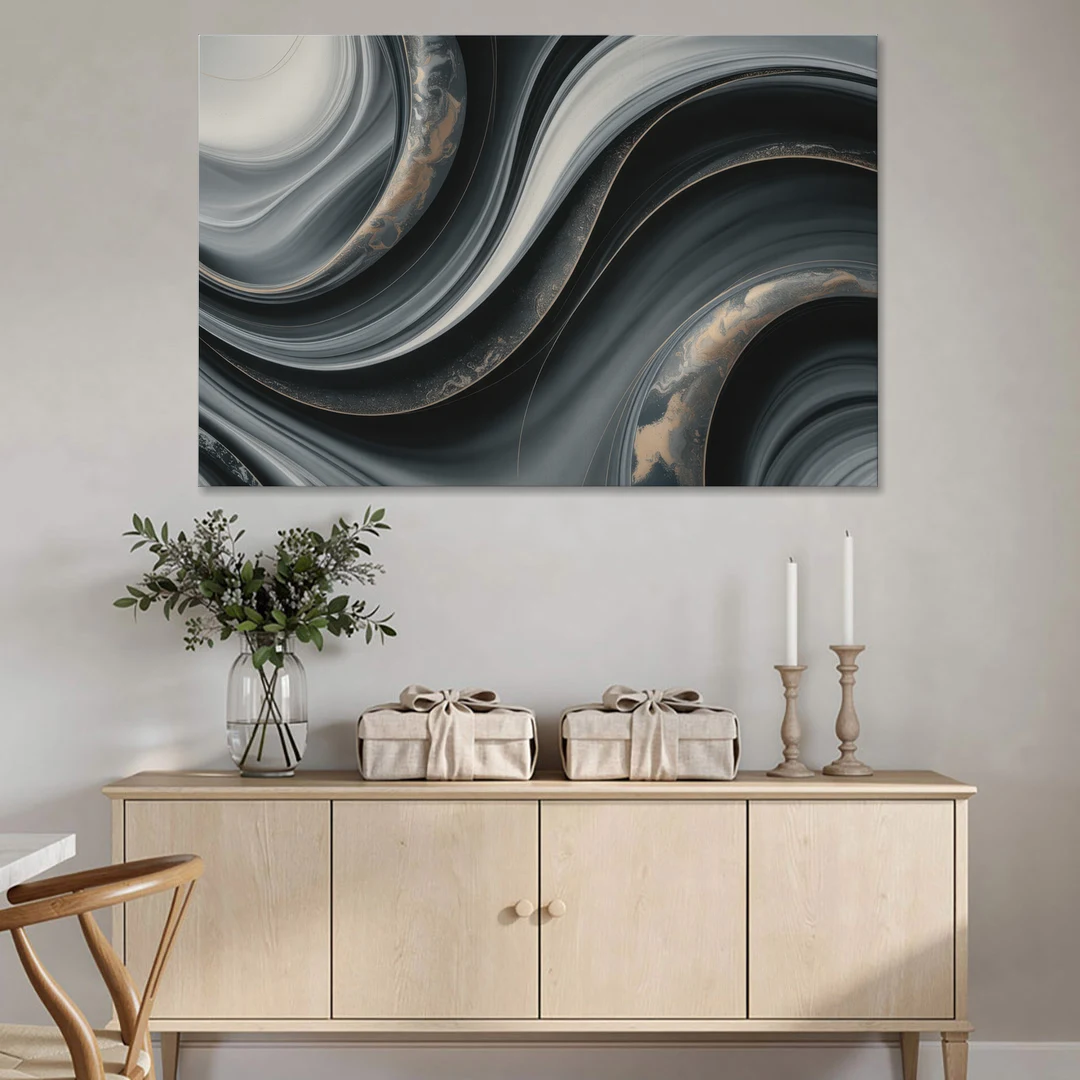 Elegant Ripples Black and Grey Abstract - Canvas Wall Art - Coffee Table - 60x40