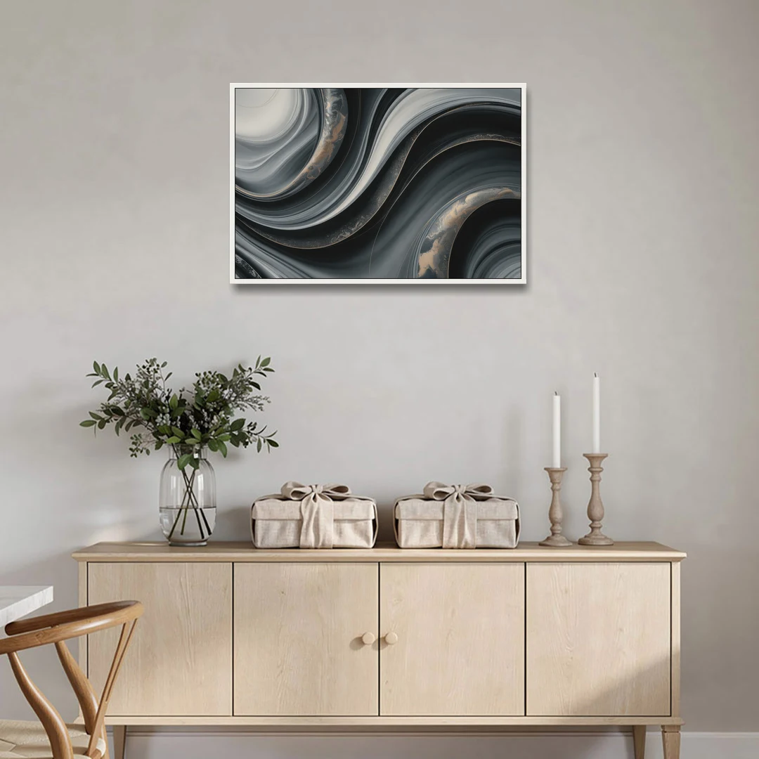 Elegant Ripples Black and Grey Abstract - White Framed Canvas Wall Art - Coffee Table - 36x24