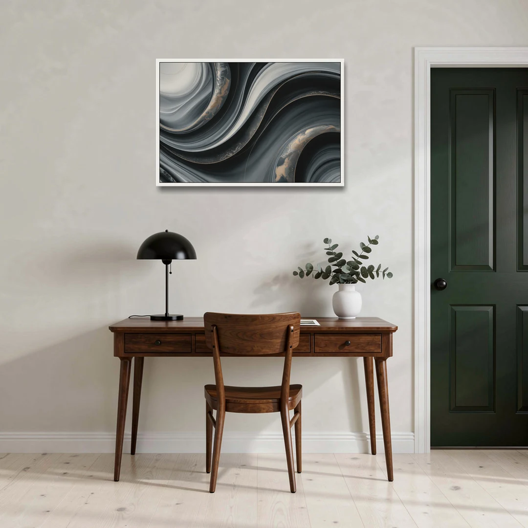 Elegant Ripples Black and Grey Abstract - White Framed Canvas Wall Art - Office - 36x24
