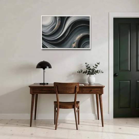 Elegant Ripples Black and Grey Abstract - White Framed Canvas Wall Art - Office - 36x24