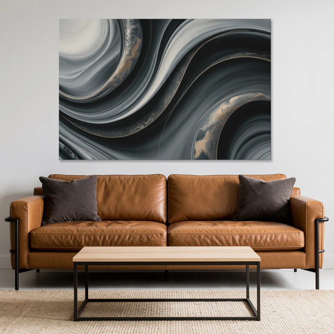 Elegant Ripples Black and Grey Abstract - Canvas Wall Art - Sofa - 60x40