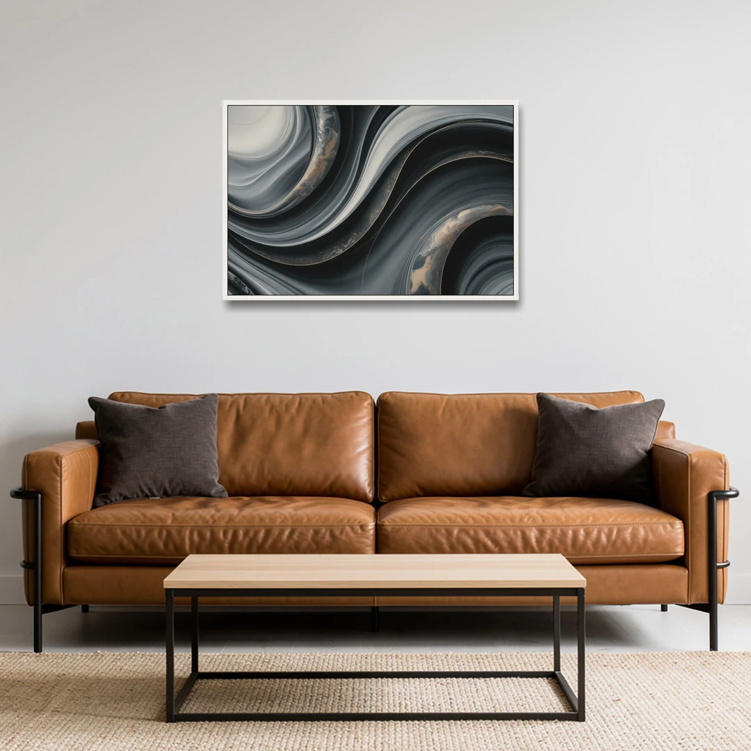 Elegant Ripples Black and Grey Abstract - White Framed Canvas Wall Art - Sofa - 36x24