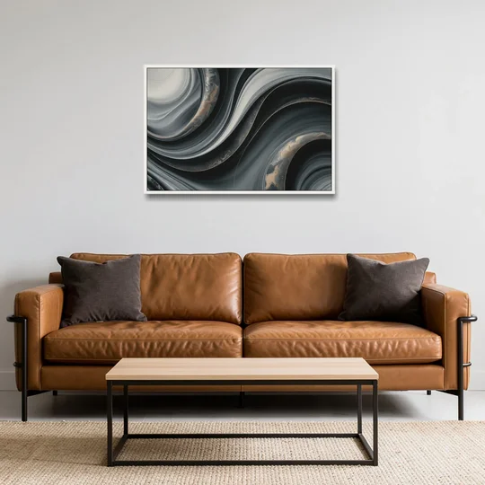 Elegant Ripples Black and Grey Abstract - White Framed Canvas Wall Art - Sofa - 36x24