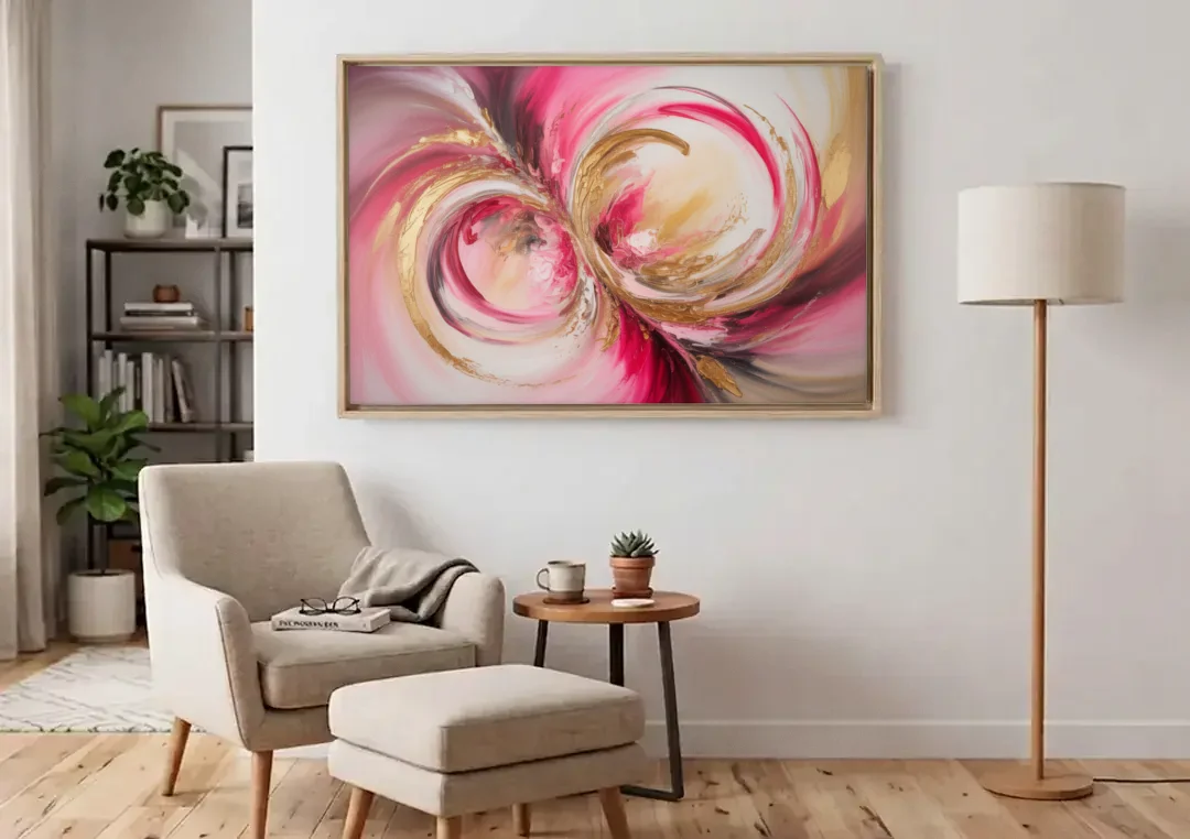 Elegant Swirl Pink and Gold Abstract canvas wall art above an armchair in a bright living room