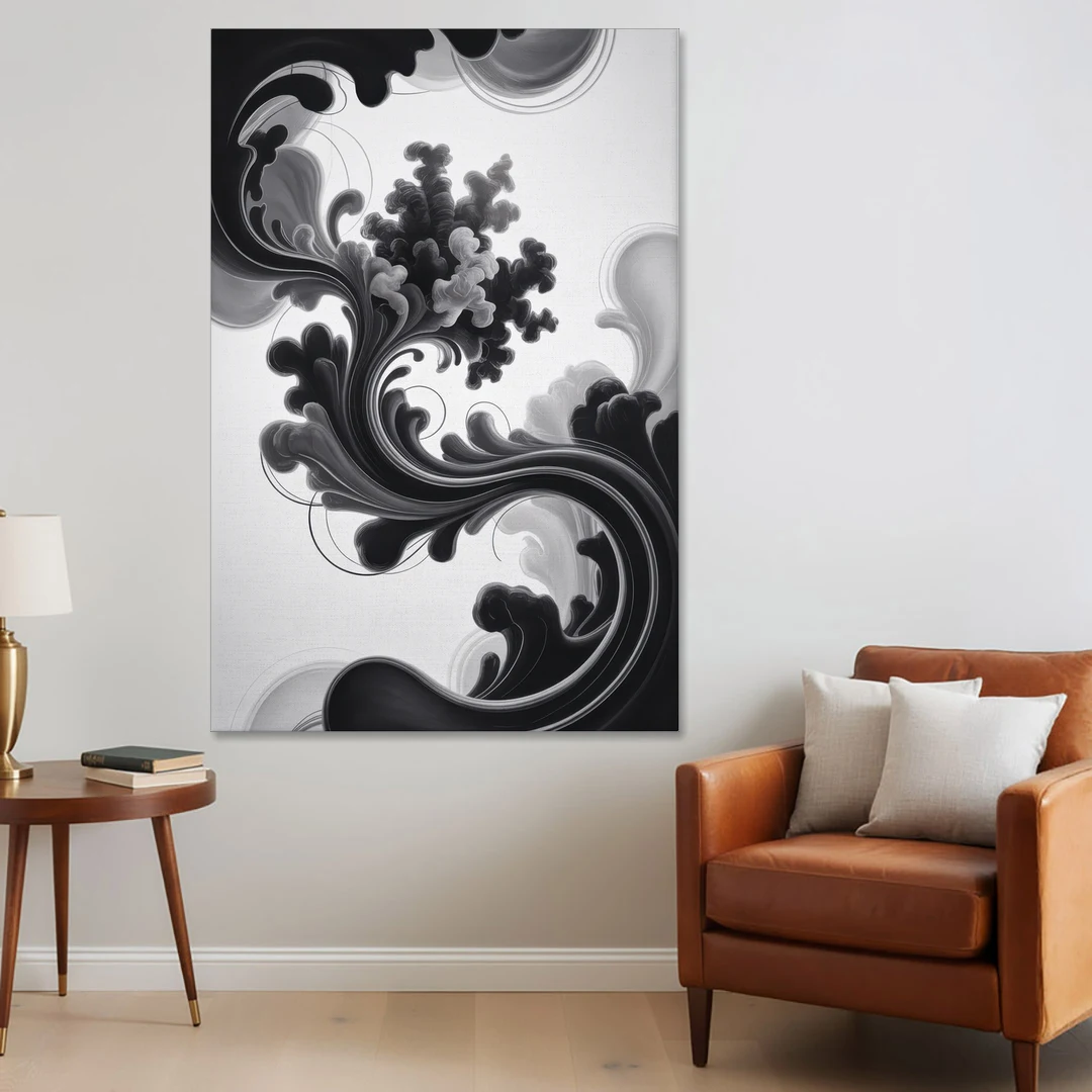 Elegant Swirls Black and White Abstract - Canvas Wall Art - Sofa - 40x60