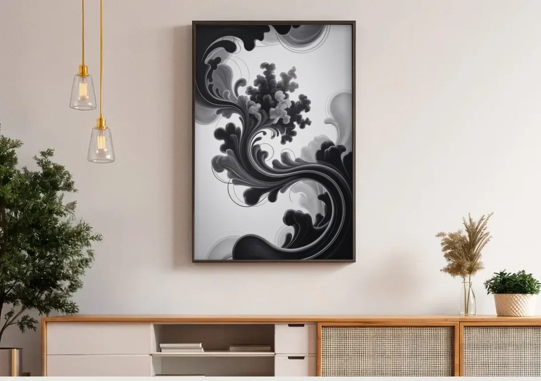 Elegant Swirls Black and White Abstract canvas wall art above a wooden sideboard under pendant lights