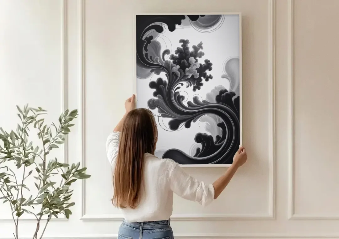 Elegant Swirls Black and White Abstract canvas wall art being hung on a paneled wall