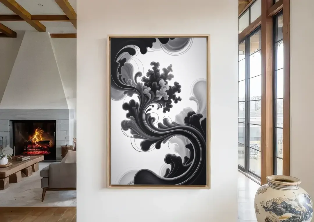 Elegant Swirls Black and White Abstract canvas wall art in a living room with a fireplace
