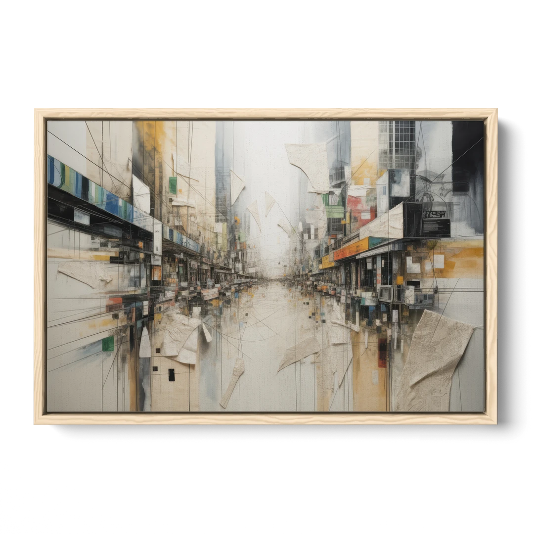 Elegant Urban Layers White Abstract - Oak Framed Canvas Wall Art - Front