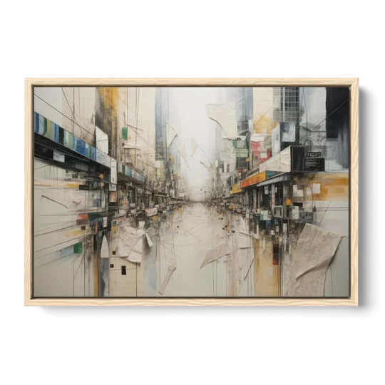 Elegant Urban Layers White Abstract - Oak Framed Canvas Wall Art - Front