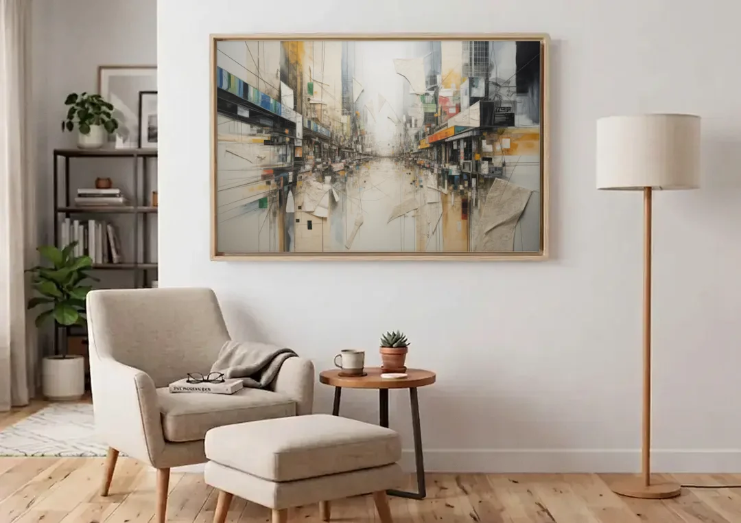 Elegant Urban Layers White Abstract canvas wall art above an armchair in a bright living room