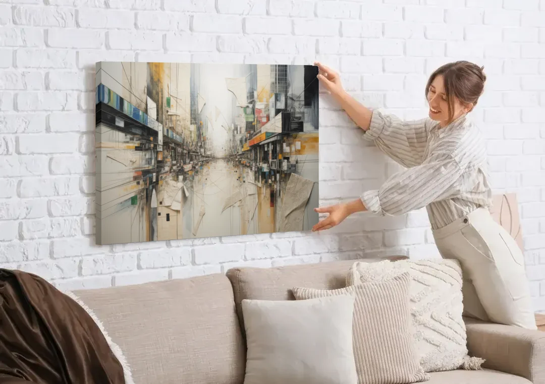Elegant Urban Layers White Abstract canvas wall art being hung on a white brick wall above a sofa
