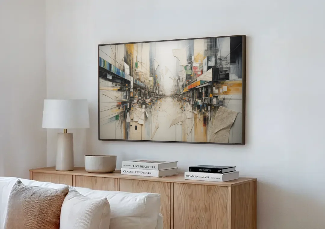Elegant Urban Layers White Abstract canvas wall art above a wooden sideboard next to a sofa