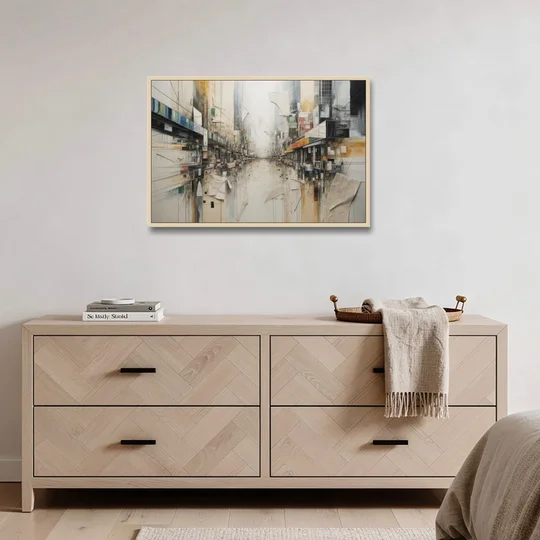 Elegant Urban Layers White Abstract - Oak Framed Canvas Wall Art - Coffee Table - 36x24