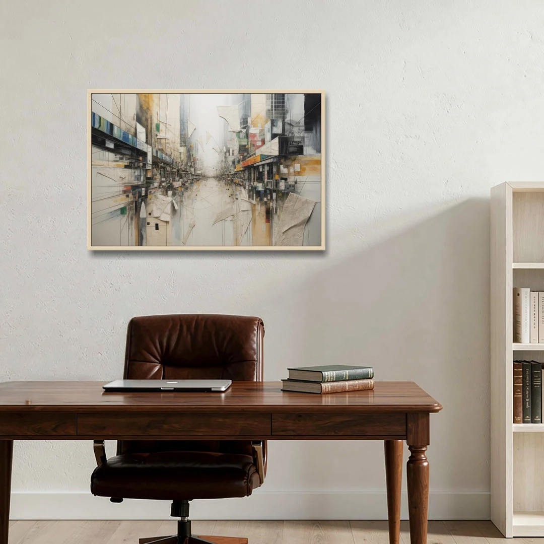 Elegant Urban Layers White Abstract - Oak Framed Canvas Wall Art - Office - 36x24