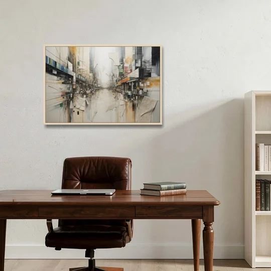 Elegant Urban Layers White Abstract - Oak Framed Canvas Wall Art - Office - 36x24
