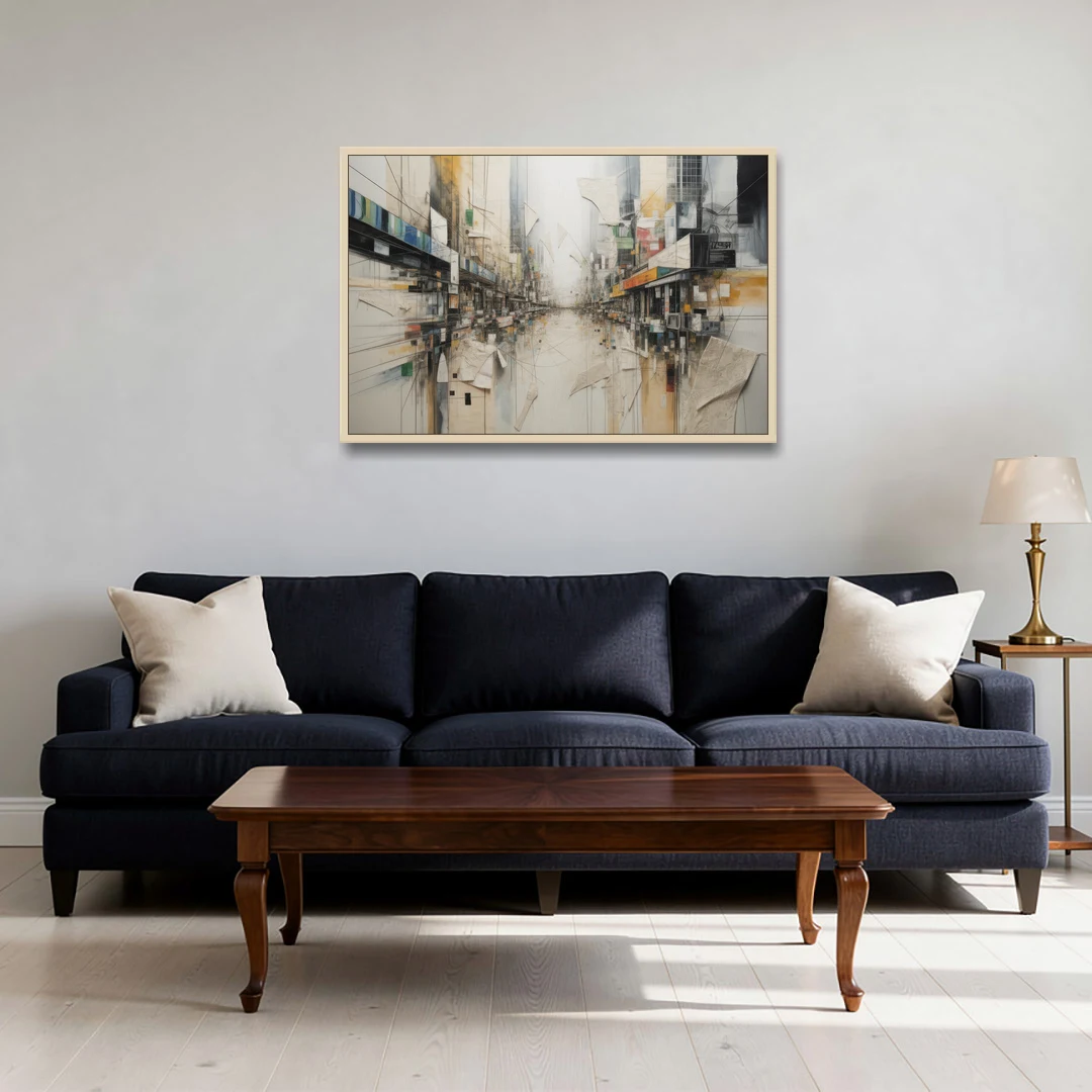 Elegant Urban Layers White Abstract - Oak Framed Canvas Wall Art - Sofa - 36x24