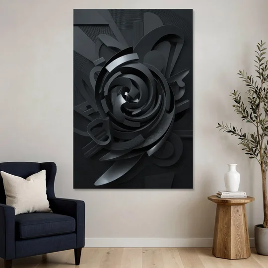 Elegant Vortex Swirl Black Abstract - Canvas Wall Art - Sofa - 40x60