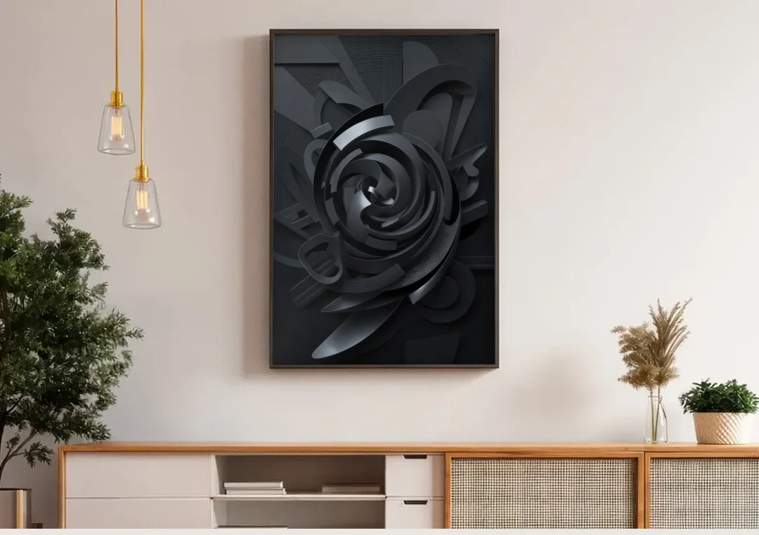 Elegant Vortex Swirl Black Abstract canvas wall art above a wooden sideboard under pendant lights
