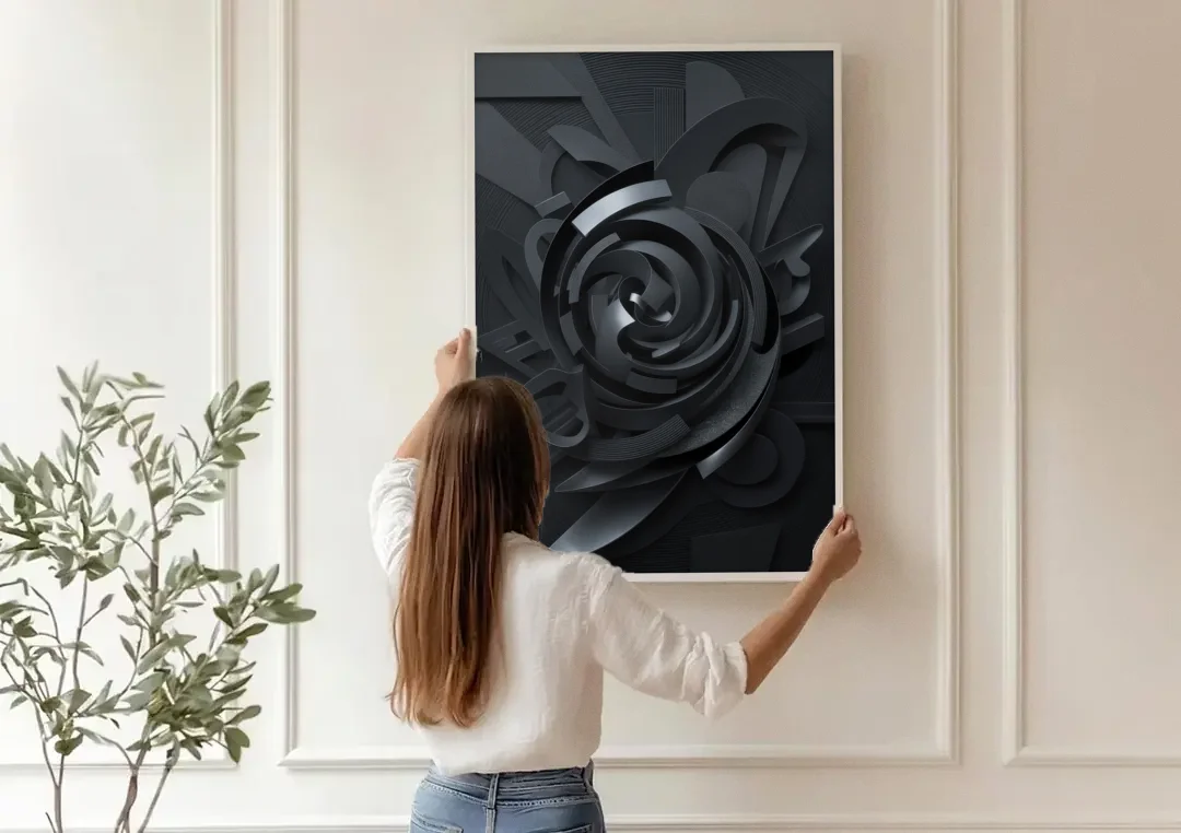 Elegant Vortex Swirl Black Abstract canvas wall art being hung on a paneled wall