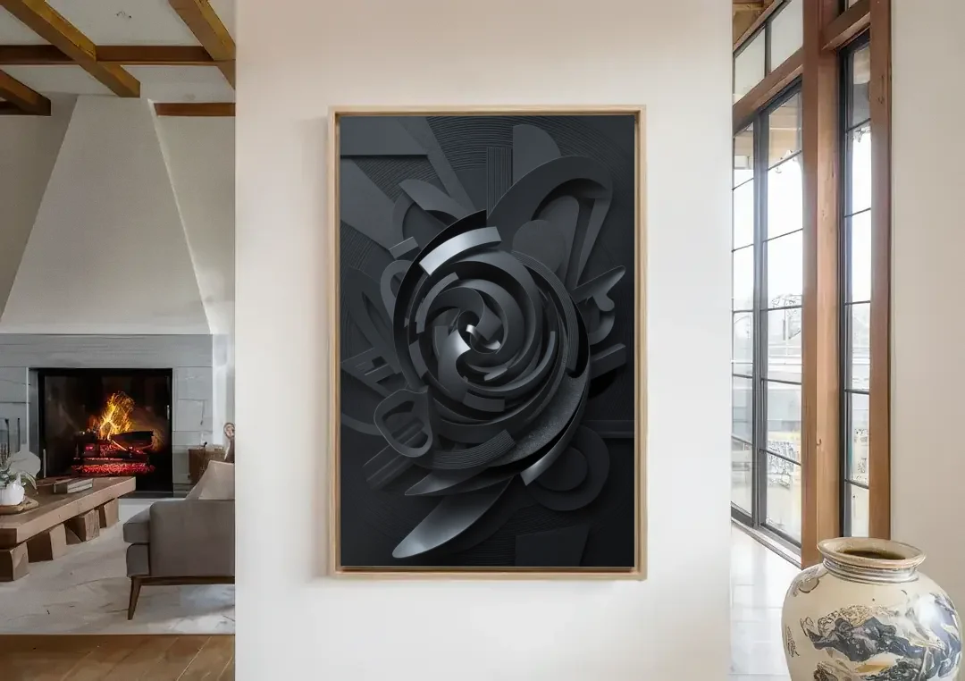 Elegant Vortex Swirl Black Abstract canvas wall art in a living room with a fireplace
