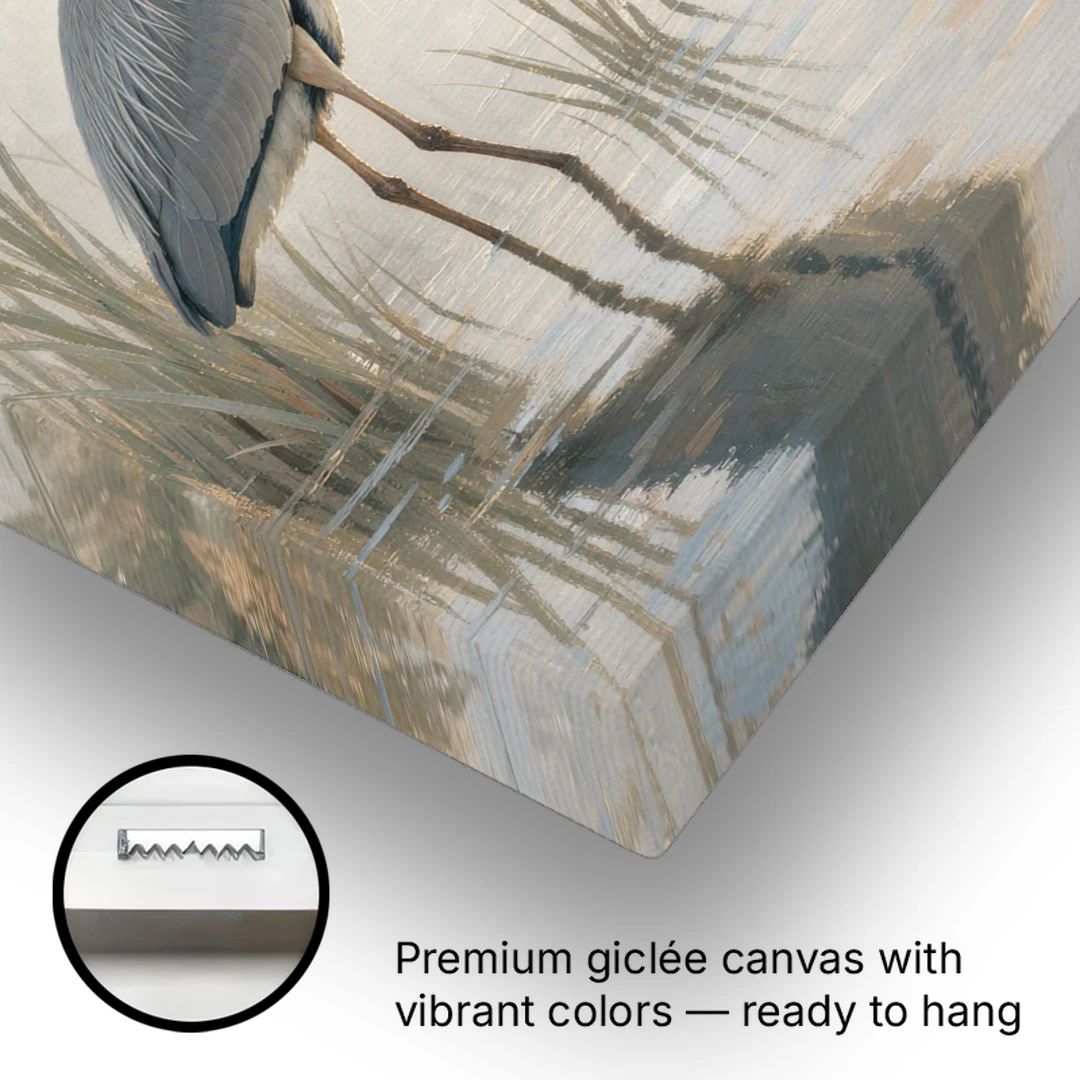 Elegant Wall Art of a Grey Heron at Dawn - Canvas Wall Art - Gallery Wrap Corner