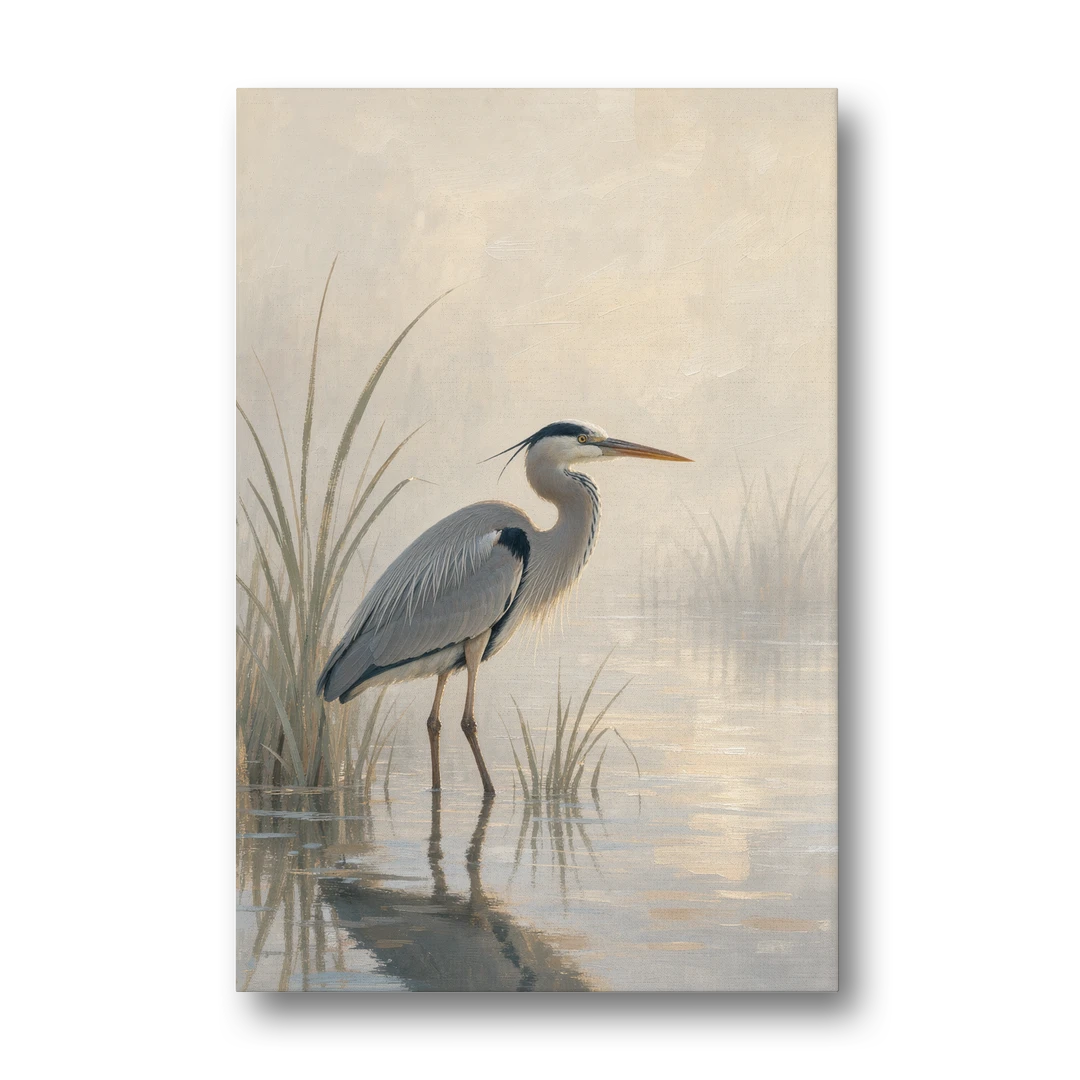 Elegant Wall Art of a Grey Heron at Dawn - Canvas Wall Art - Front