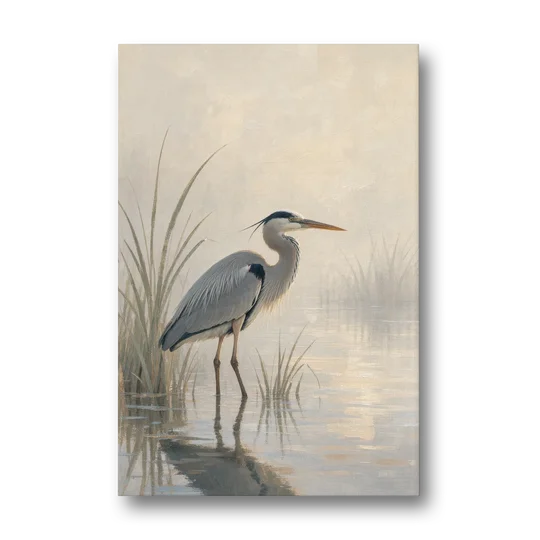 Elegant Wall Art of a Grey Heron at Dawn - Canvas Wall Art - Front