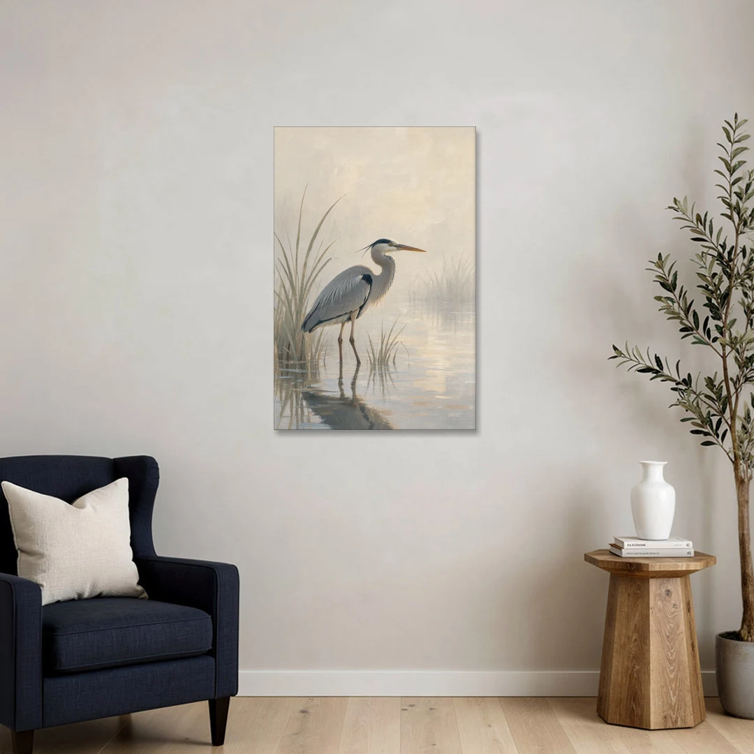 Elegant Wall Art of a Grey Heron at Dawn - Canvas Wall Art - Sofa - 24x36