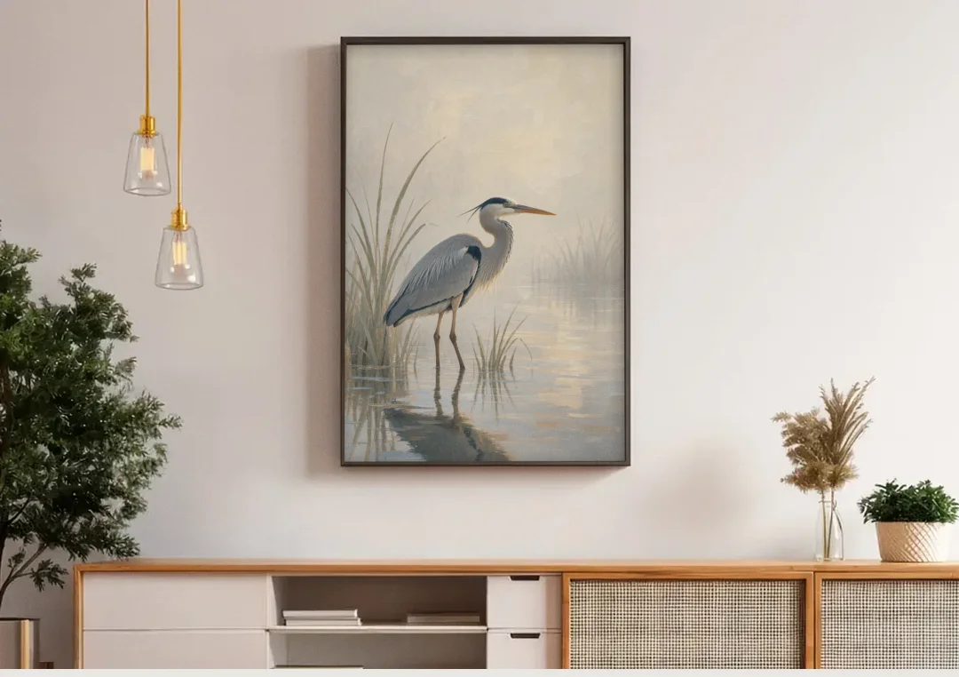 Elegant Wall Art of a Grey Heron at Dawn canvas wall art above a wooden sideboard under pendant lights