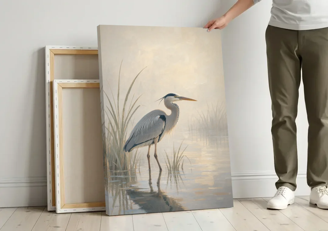 Elegant Wall Art of a Grey Heron at Dawn canvas wall art leaning against a wall next to blank canvases