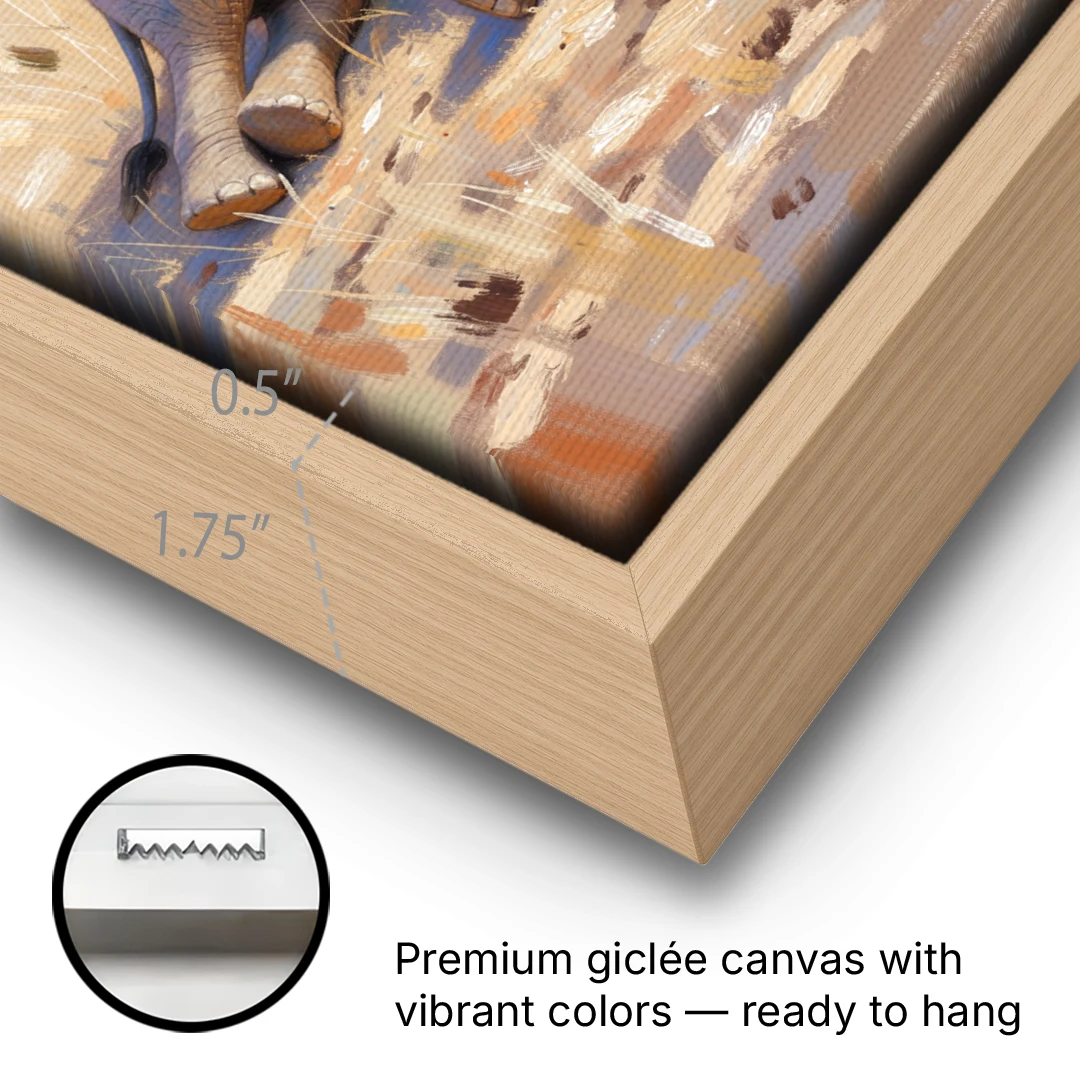 Elephant Calf Asleep on Its Side - Oak Framed Canvas Wall Art - Gallery Wrap Corner