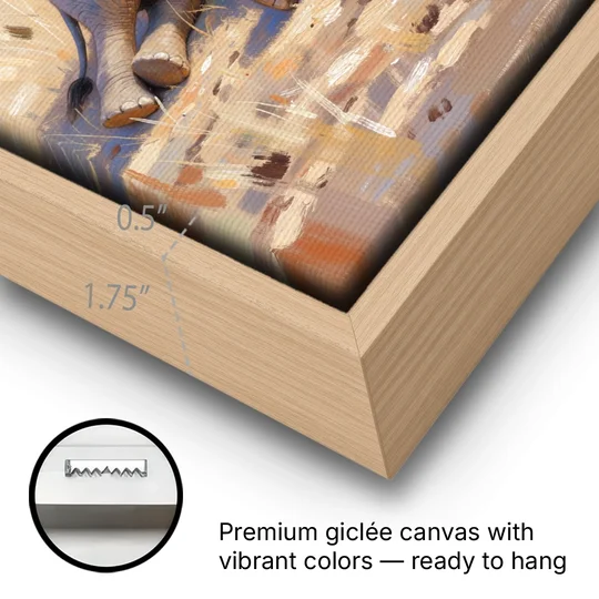 Elephant Calf Asleep on Its Side - Oak Framed Canvas Wall Art - Gallery Wrap Corner