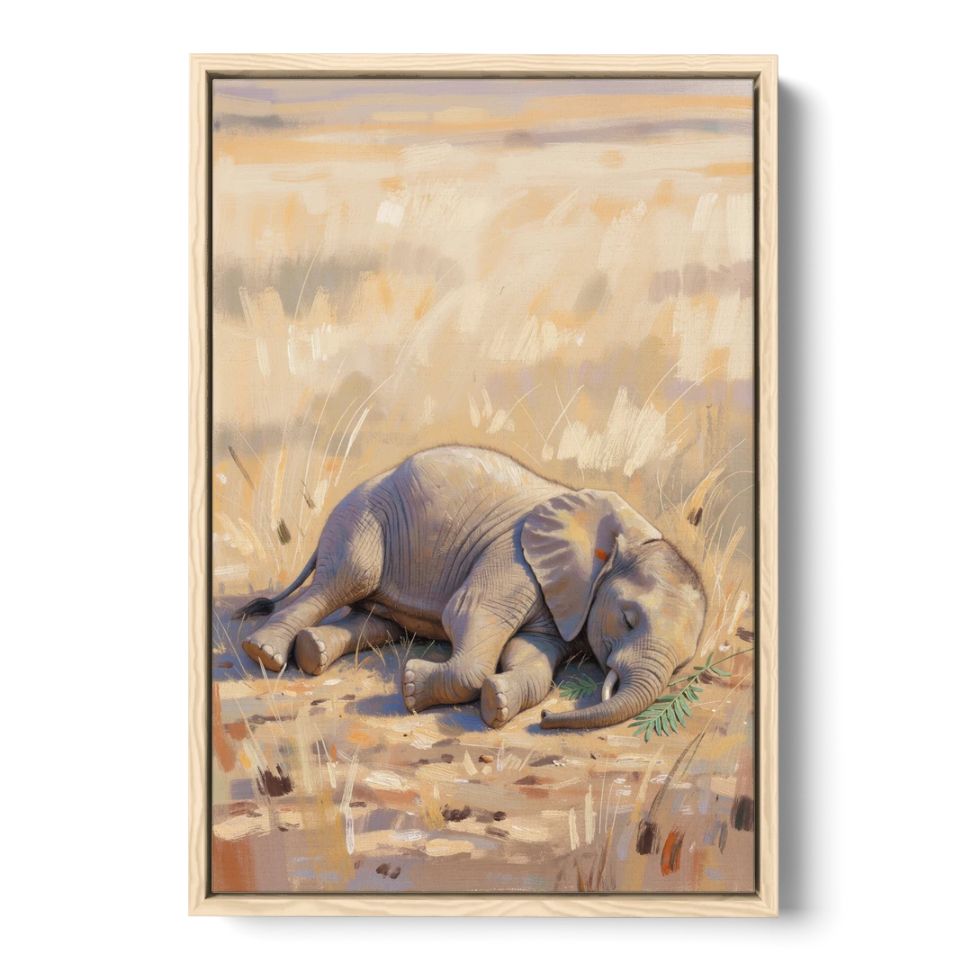 Elephant Calf Asleep on Its Side - Oak Framed Canvas Wall Art - Front